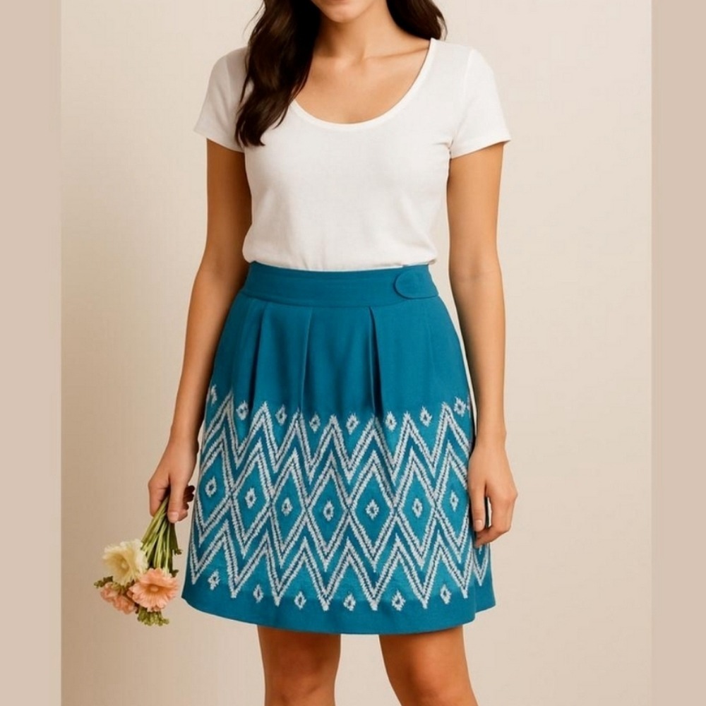 ANTHROPOLOGIE FLOREAT‎ Skirt Womens 10 Blue Pleated Winston A-Line Embroidered